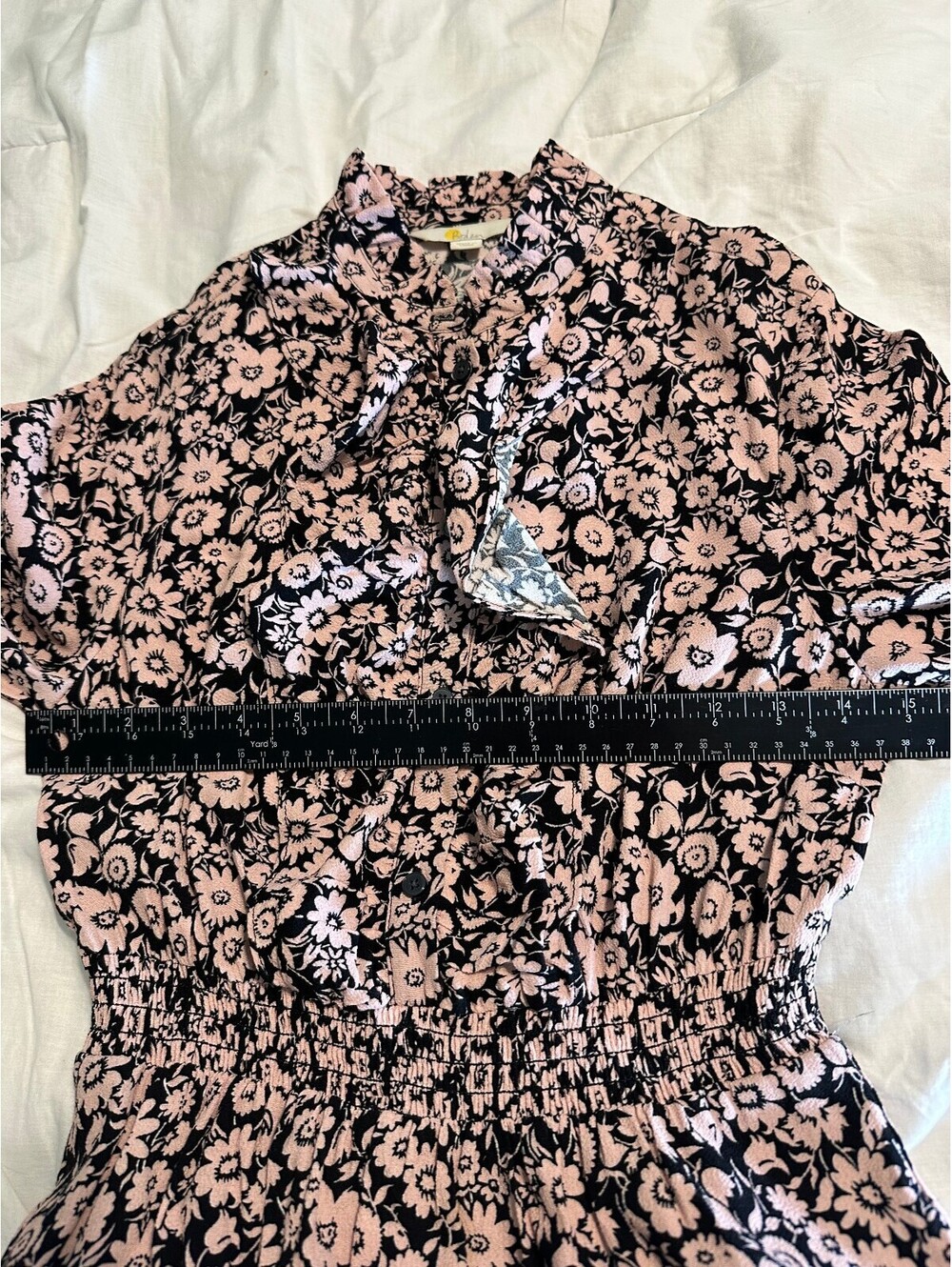 Boden Pink and Black Ruffle Neck Smocked Cuff Floral Midi Dress Size 4 EUC - Picture 5 of 7